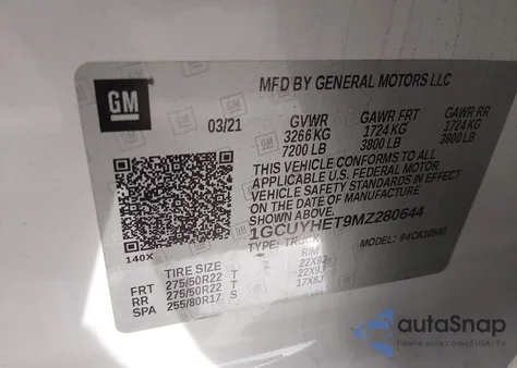 2021 Chevrolet Silverado 1500 4Wd Short Bed High Country z USA, uszkodzony, nr VIN 1GCUYHET9MZ280644